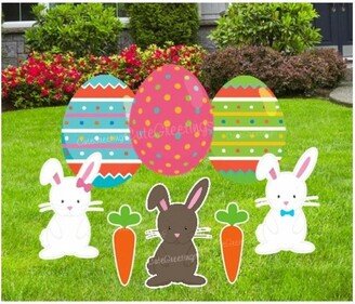 Easter Eggs & Bunnies Outdoor Lawn Decor Signs, 8 Piece Set, Holiday Party Yard Celebration Art, Ornament Garden Card Decorations, Props