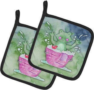 Frog Bathing Watercolor Pair of Pot Holders