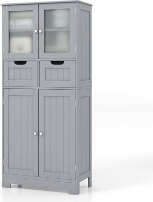 Bathroom Floor Storage Cabinet Kitchen Cupboard with 2 Drawers & Glass Doors Grey