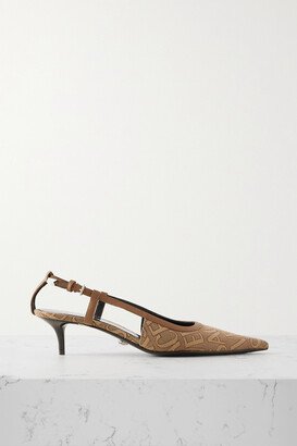 Leather-trimmed Logo-jacquard Canvas Slingback Pumps - Neutrals