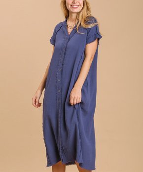 Midnight Short-Sleeve Button-Up Midi Dress - Women