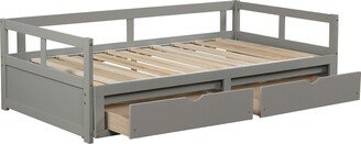 IGEMAN Twin Wooden Daybed with 1 Trundle and 2 Storage Drawers, Extendable Bed Daybed, Sofa Bed for Bedroom Living Room