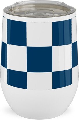 Travel Mugs: Wonderland Checkerboard - Lonely Angel Blue & White Stainless Steel Travel Tumbler, 12Oz, Blue