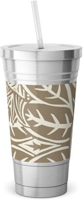 Travel Mugs: Pomegranate Block Print - Neutral Stainless Tumbler With Straw, 18Oz, Brown