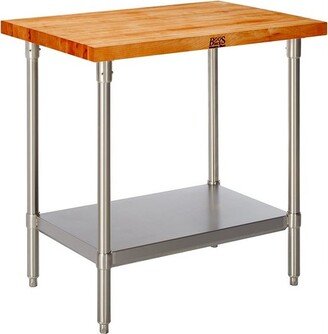 36 x 24 Inch Adjustable Height 1.5 Inch Thick Cherry Wood Top Kitchen Prep Work Table with Galvanized Steel Base and Storage Shelf