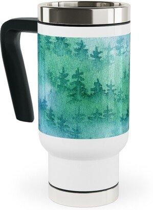 Travel Mugs: Watercolor Forest - Green And Blue Travel Mug With Handle, 17Oz, Green