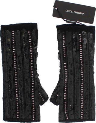 Black Knitted Cashmere Sequined Gloves