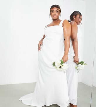 ASOS DESIGN Curve Layne satin square neck wedding dress with train in ivory