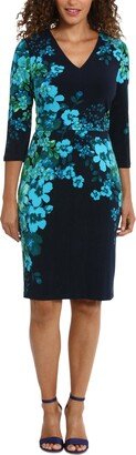 Petite Border-Print V-Neck Sheath Dress - Navy/teal