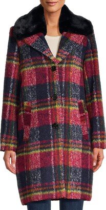 Faur Fur Trim Plaid Wool Blend Coat