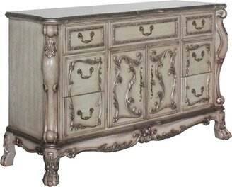 Wooden Dresser with 7 Drawers and Carved Details, Antique White