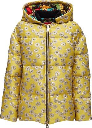 Precious floral-embroidery hooded puffer jacket