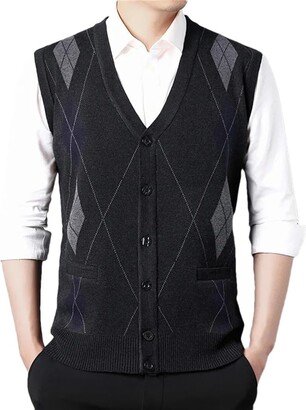 Dninmim Men's Rhombus Knitted Sweater Vest Business Casual Sleeveless Jumpers Tank Tops Black Asian XL(72-78kg)