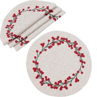 Holly Berry Branch Crewel Embroidered Christmas Placemats, Set of 4