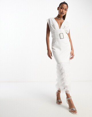 square plunge faux feather hem midi dress with diamante belt in white