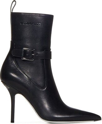 Logo Embossed Pointed-Toe Ankle Boots