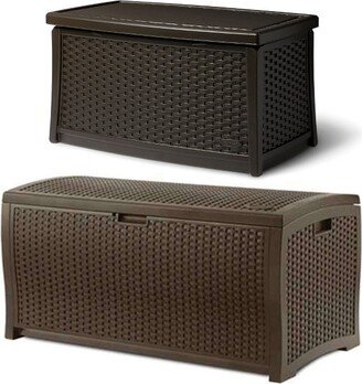 Outdoor Resin Wicker Coffee Table, Java & 73 Gal Resin Deck Box, Mocha