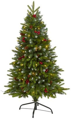 Snow Tipped Portland Spruce Artificial Christmas Tree with Frosted Berries and Pinecones with 100 Clear Led Lights