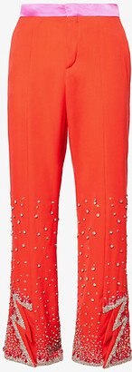 Members OF The Rage Mens Cherry Tomato Crystal-embellished Split-hem Wide-leg Relaxed-fit Wool Trousers