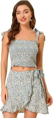 Allegra K Women' Summer Floral Print Smocked Top Mini Skirt Outfit Set 2 Piece Large