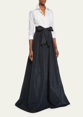 Two-Tone 3/4-Sleeve Taffeta Shirtdress Gown