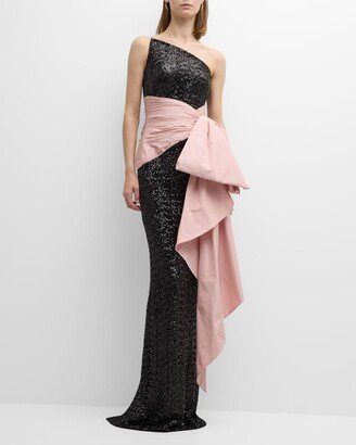 Strapless Stretch Sequin Gown with Taffeta Bow Sash-AA