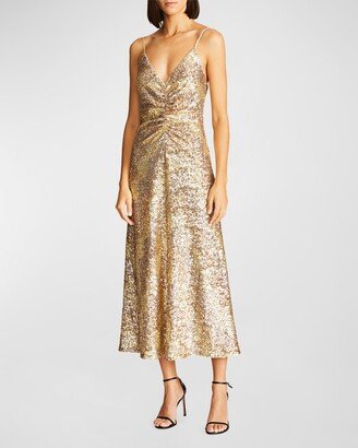 Alesandra Sleeveless Ruched Sequin Midi Dress