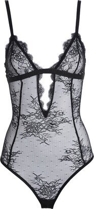 Lace Scallop Deep V Body Lingerie Bodysuit Black