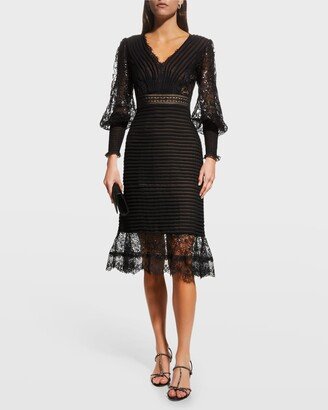 Pleated Sequin Lace-Trim Dress