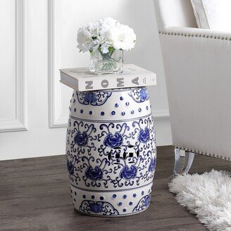 Lotus Flower 17.8 Chinoiserie Ceramic Drum Garden Stool, Blue/White - JONATHAN Y