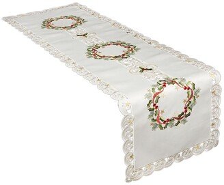 Ribbon Wreath Embroidered Cutwork Christmas Table Runner, 15 x 53