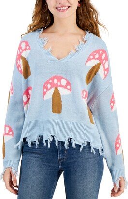 Just Polly Juniors' Mushroom-Print Distressed-Edge Sweater