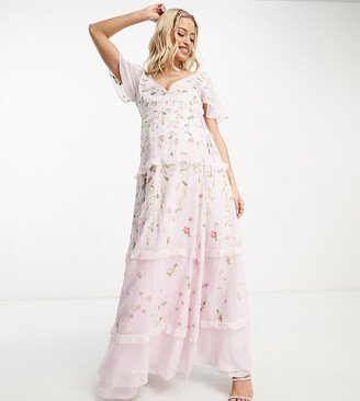 ASOS DESIGN Maternity Bridesmaid flutter sleeve embellished wrap maxi dress with embroidery in light pink