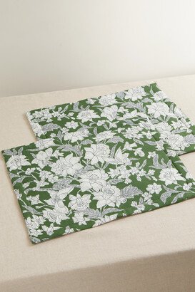 Set Of Two Floral-print Linen Placemats - Green