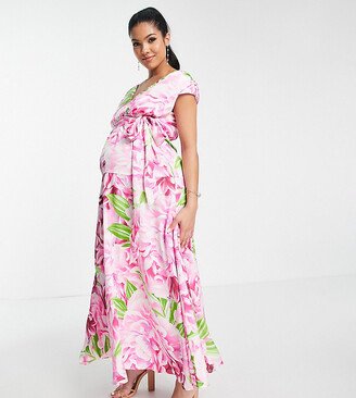 Liquorish Maternity plunge front maxi dress in green and pink floral