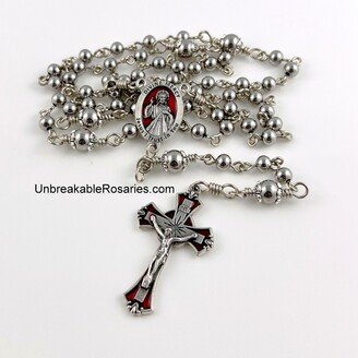 Rosary Beads Divine Mercy Of Jesus, Sister Faustina Stainless Steel W Red Enamel Italian Medals By Unbreakable Rosaries