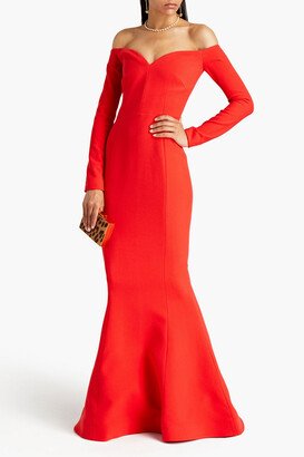 L'Amour off-the-shoulder fluted crepe gown