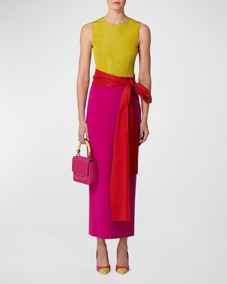 Sleeveless Colorblock Waist-Sash Column Dress