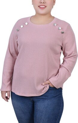 Plus Size Long Sleeve Ribbed Button Detail Top