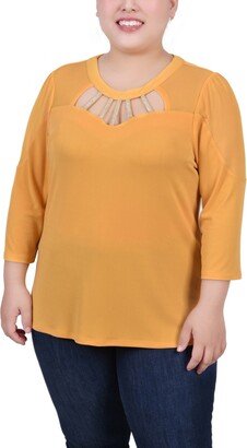 Plus Size 3/4 Sleeve Top with Neckline Cutouts and Stones