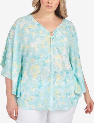 Hearts Of Palm Plus Size Aqua Aficionada Printed Georgette Cape Top