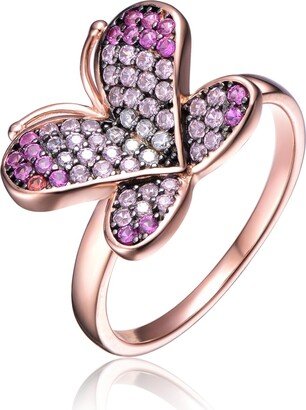 Sterling Silver 18K Rose Plated Cubic Zirconia Butterfly Floral Ring