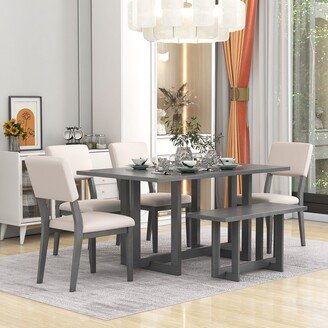 IGEMAN Wooden 6-Piece Dining Table Set H-shaped Support Design Dining Table, Four Chairs with Soft Cushions and One Wooden Bench