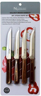 New England Cutlery 4 Piece Steak Knife Set with Full Tang Blade and Walnut Wood Handle