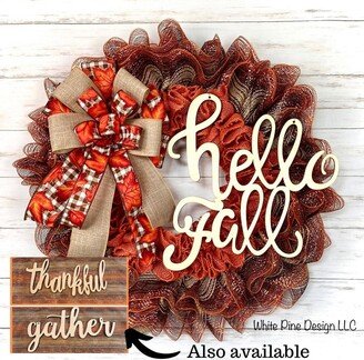 Fall Wreath, Burlap & Mesh Hello Sign, Autumn Leaf Buffalo Check Orange Front Door Wreath