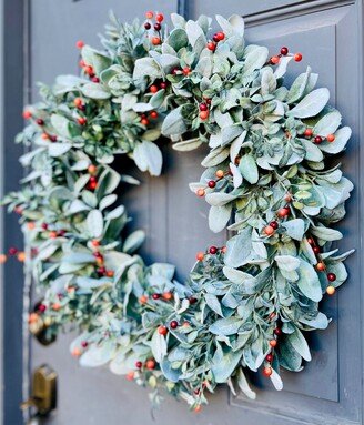 Fall Farmhouse Lamb's Ear With Orange Berries Wreath For Front Door, Lambs & Autumn