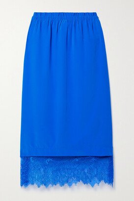 Lorraine Lace-trimmed Silk Crepe De Chine Midi Skirt - Blue