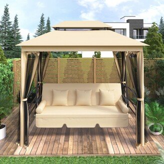 Outdoor Double Roof Soft Canopy Gazebo with Convertible Swing Bench, Mosquito Netting-AA