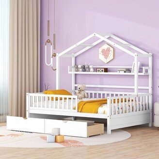 Twin/Full Size House Bed with 2 Drawers, Wooden Montessori Bed with Roof Design, Platform Bed Frame with Storage Shelf