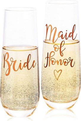 Juvale Set of 2 Rose Gold Stemless Champagne Glasses for Bride and Maid of Honor, 9.8 oz Wedding Flutes Gift